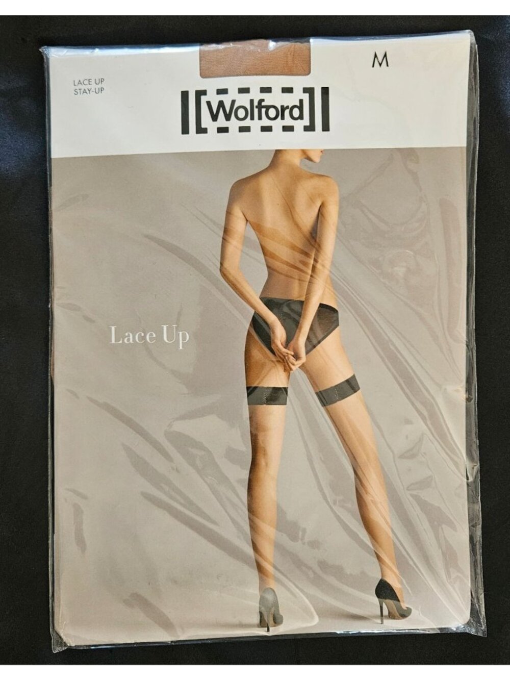 Wolford Lace Up Stay Up Stockings Hosiery Women Size Medium -Gobi/Black